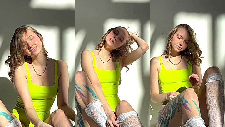 cute teen Baby Riley teasing in her green swimsuit