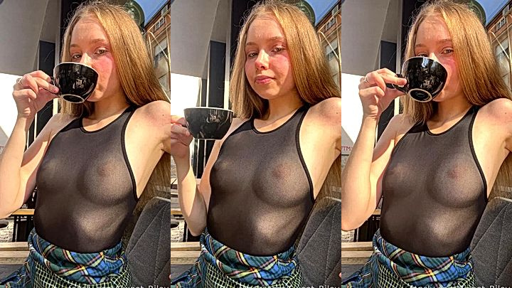 onlyfans blonde teen Baby Riley drinking coffee in her see-through outfit video leaked