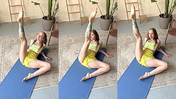 Baby Riley teasing her bare naked pussy on yoga mat