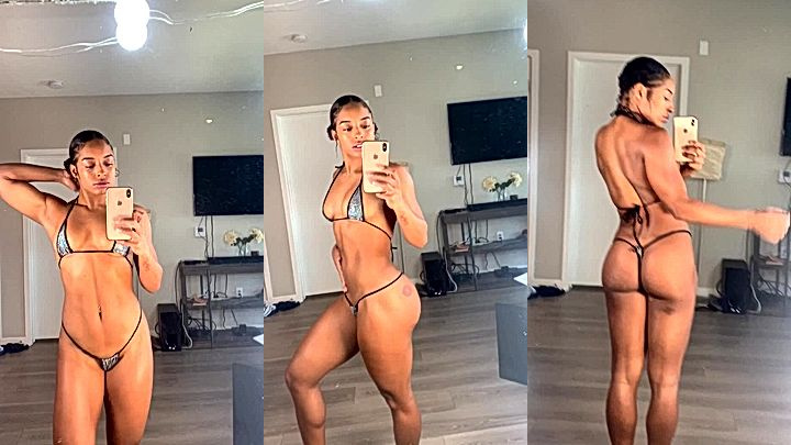 Qimmah Russo showing off her string bikini in the mirror