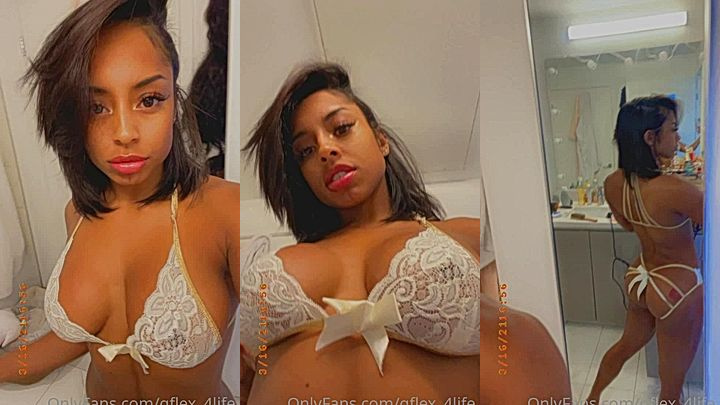 ebony hot babe Qimmah Russo in her white laced lingerie in the bathroom