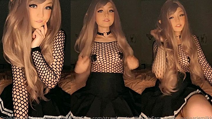 sexy teen Strawbeariemilkk showing off her fishenet outfit and upskirt flash