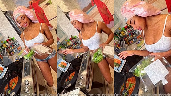 ebony chick Qimmah Russo in a sexy outfit cooking dinner