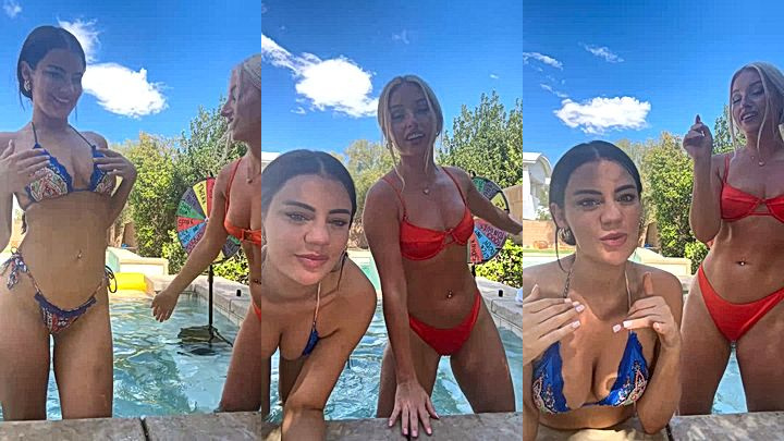 blonde british girl Charlotte Parkes and bff girl play in the pool