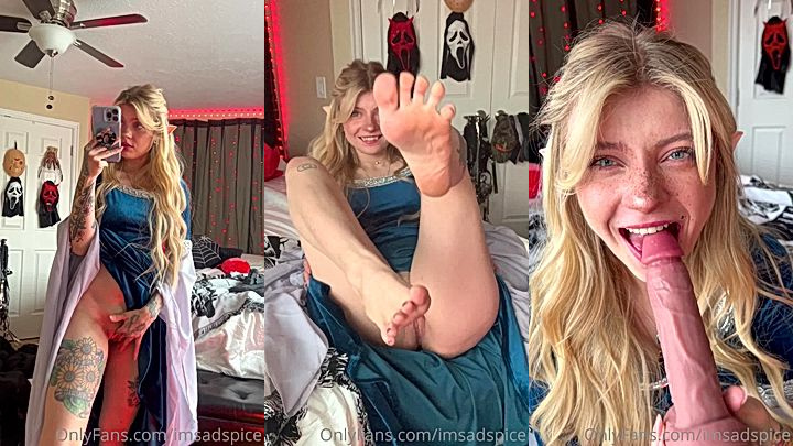 hot blonde Imsadspice sucking on a big dildo