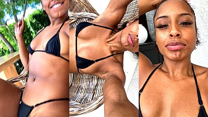fit ebony girl Qimmah Russo flexing her bikini body
