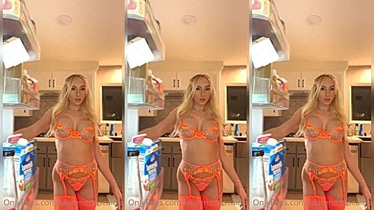 Lauren Dascalo teasing her orange see-through lingeri in the kitchen