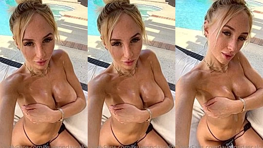 Lauren Dascalo teasing her wet naked body by the poolside