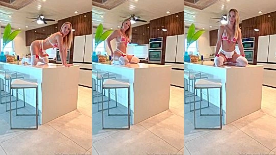 Vicky Stark teasing her sexy lingerie on the kitchen counter-top