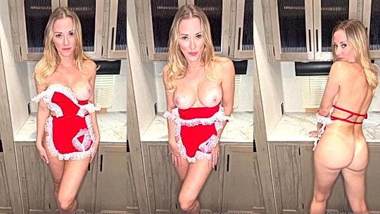 Vicky Stark teasing in her red apron in the kitchen video leaked