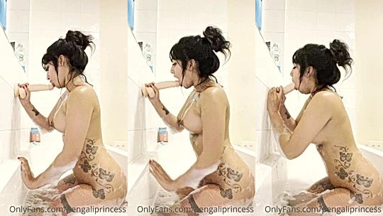 Yasmina Khan sucking on a wet dildo in the shower