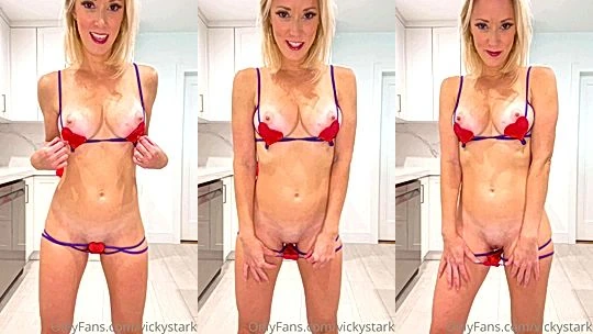 Vicky Stark showing off her sexy lingerie in the kitchen