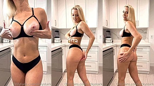 Vicky Stark side panties teasing her naked ass in the kitchen