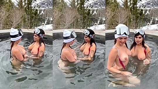 Dare Taylor two cosplay babes teasing in the outdoor tub