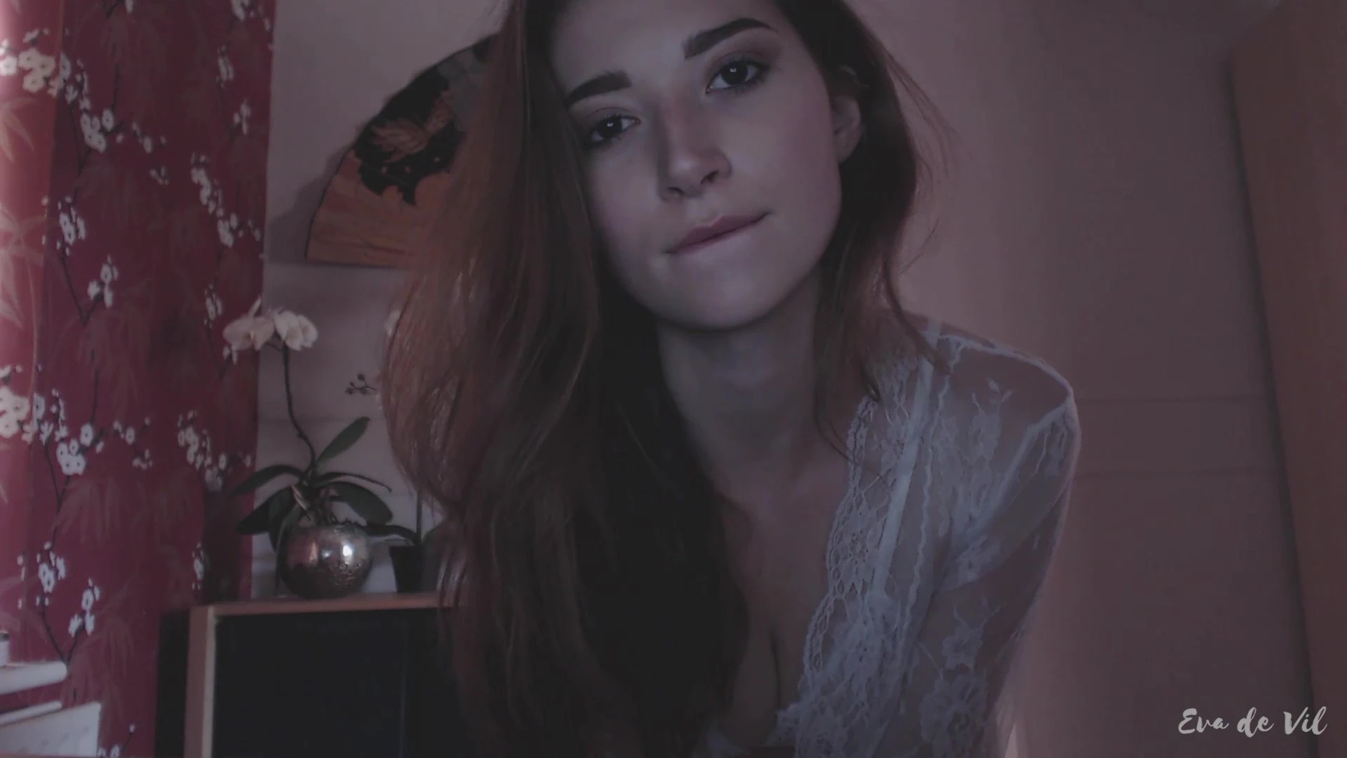 Eva de Vil teasing in her white see-through night gown
