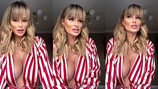 Rhian Sugden teasing her big tits in her striped shirt