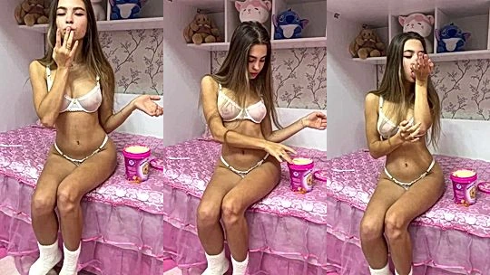 Lerabuns teasing her naked tits and eating ice-cream