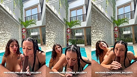Baddies gallery two wet chicks fucking a bbc in the pool