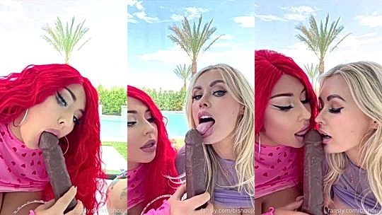 Laura Lux two horny sluts sharing big black dildo