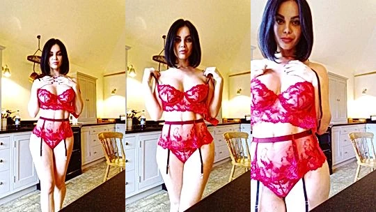 Emma Glover teasing her naked perky tits in her red lingerie