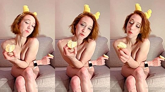 AliceOnCam teasing her naked tits while eating cupcake