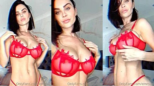 Emma Glover flashing her naked tits in her red lingerie