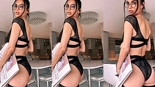 British glasses babe Emma Glover showing off her sexy black lingerie video leaked