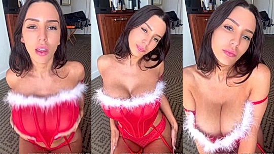 Paige Woolen teasing her big tits in christmas red lingerie