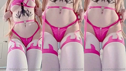 Noemiexlili teasing her pussy in pink latex lingerie