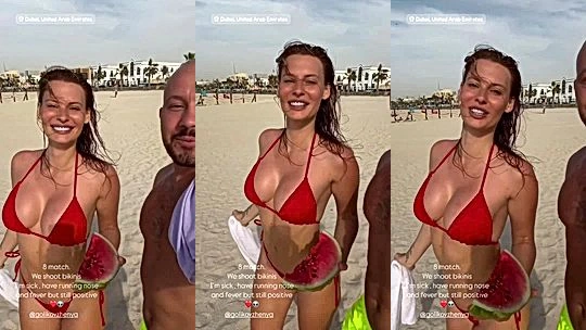 Darja Sobakinskaja showing off her red bikini body on the beach