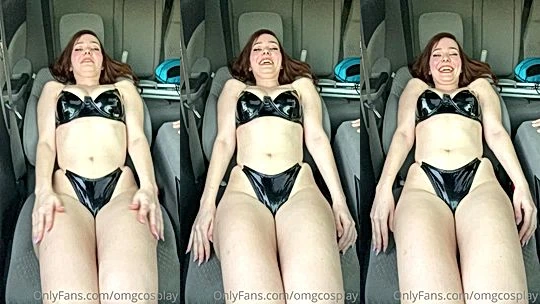 OMGCosplay teasing her latex black lingerie in the car