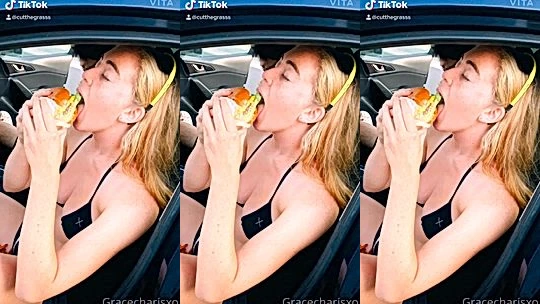Grace Charis teasing her tits while eating in the car