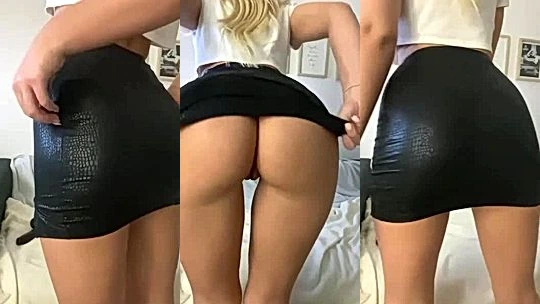 Lia Engel teasing her big booty in latex short skirt