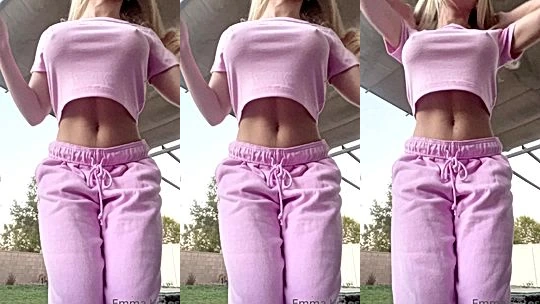 Emma Kotos teasing her big tits in braless pink outfit