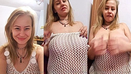 PolaRainbow teasing her naked big tits in her mesh bodysuit
