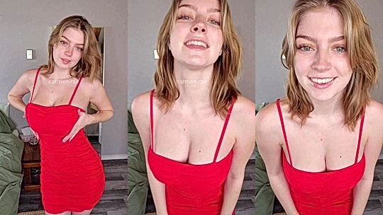 Carmen Rae teasing her naked big boobies in red skirt
