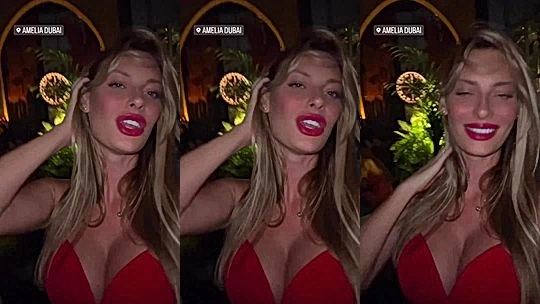 Darja Sobakinskaja teasing her big tits in red dinner dress
