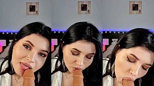 Busty Ema sucking on a big long dildo pov