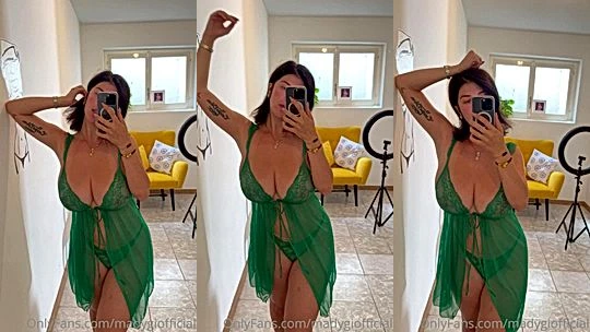 Mady Gio teasing her big tits in green see-through night gown