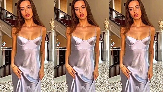 Liza Kovalenko teasing in her silk tight dress