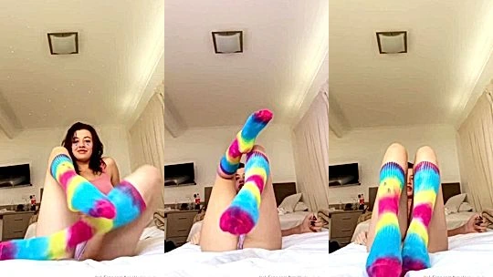 Bree Louise teasing her naked pussy in rainbow socks
