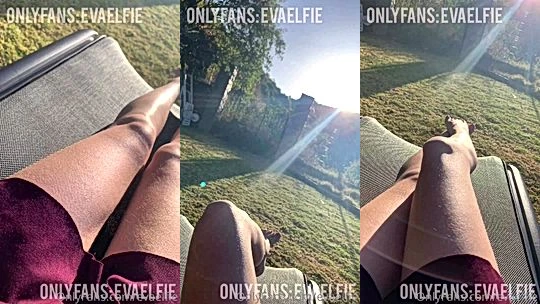Eva Elfie teasing her naked pussy in panties outdoors
