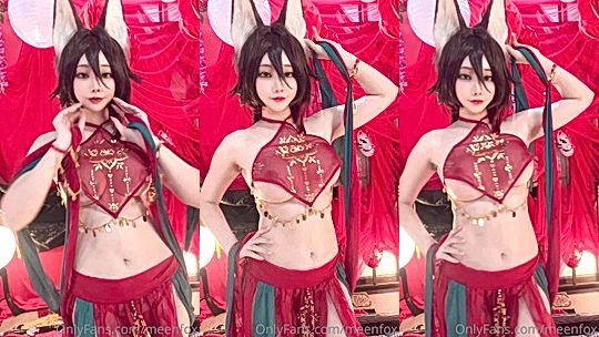 Meenfox teasing her naked perky tits in red see-through cosplay