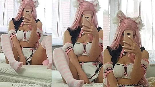 cat girl Milkimind teasing her sexy white cosplay outfit