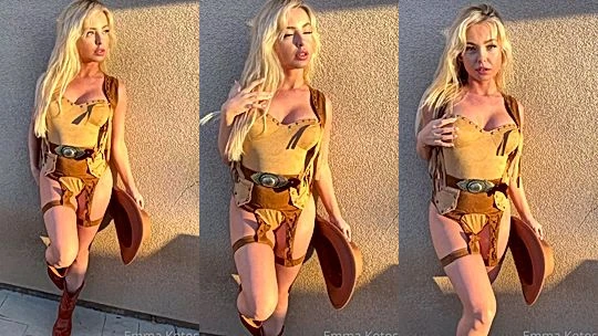 Emma Kotos showing off her big tits in cowboy outfit