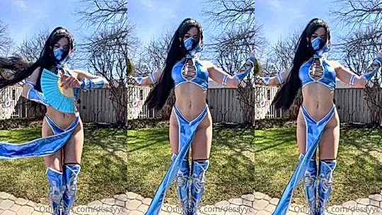 Dessyyc showing off her sexy mortal kombat cosplay in the backyard