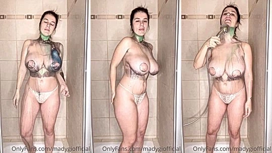 Mady Gio teasing her naked big tits in the shower