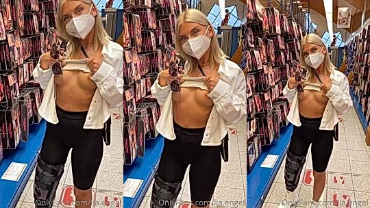 Lia Engel flashing her naked tits in the supermakket