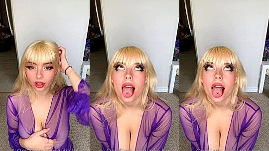 Burch twins on her knees teasing her big tits in purple see-through