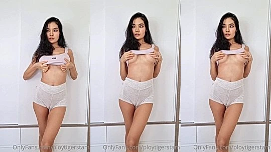Ploytigerstam teasing her naked perky tits in white thongs